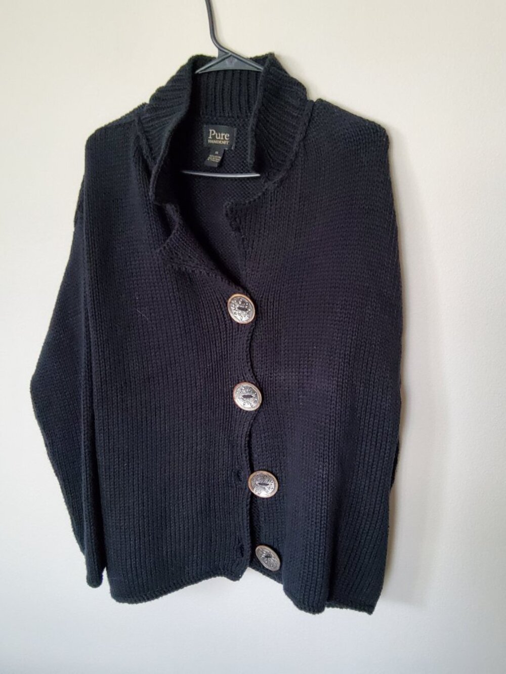 Pure Handknit Black Plus size 1X Cardigan with large silver buttons